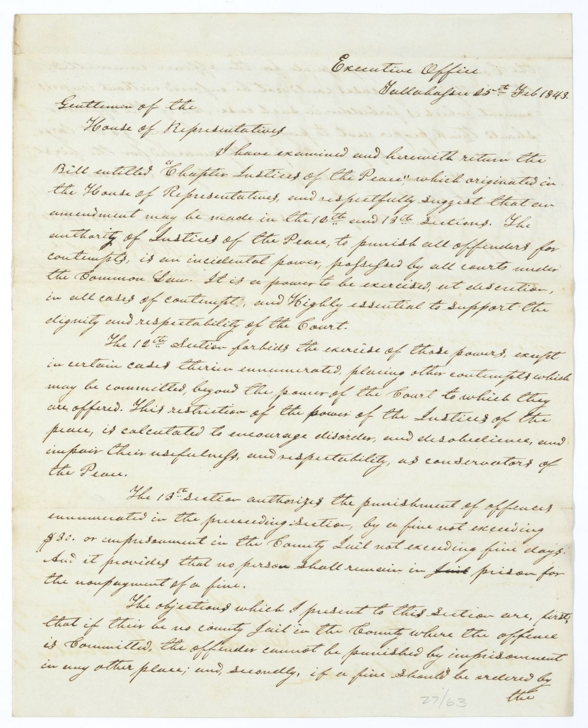 Letter from Governor Richard Keith Call to the Territorial Legislative Council Returning for Amendment a Bill Relating to Justices of the Peace, February 25, 1843