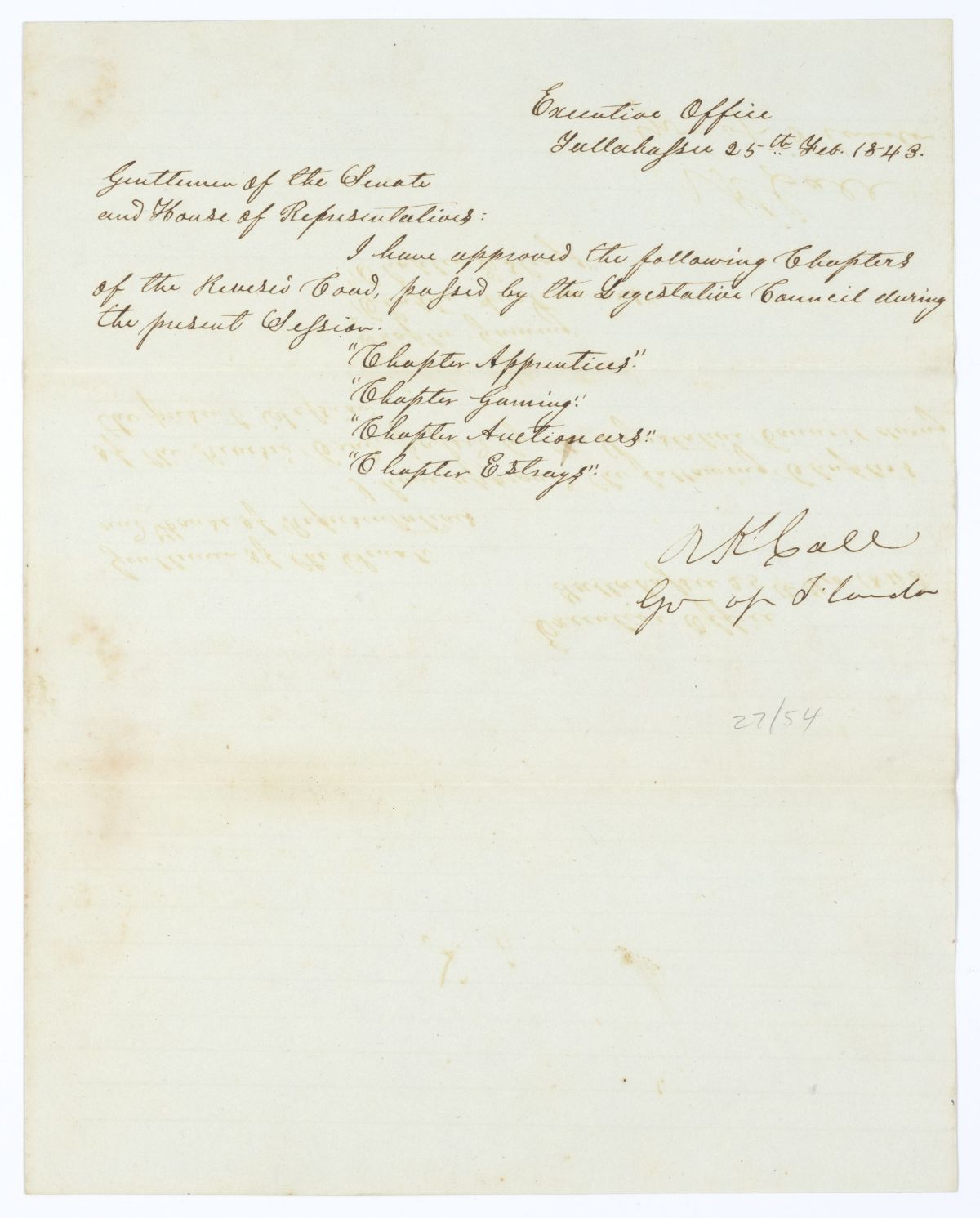 Letter from Governor Richard Keith Call to the Territorial Legislative Council Listing Recently Approved Legislation, February 25, 1843