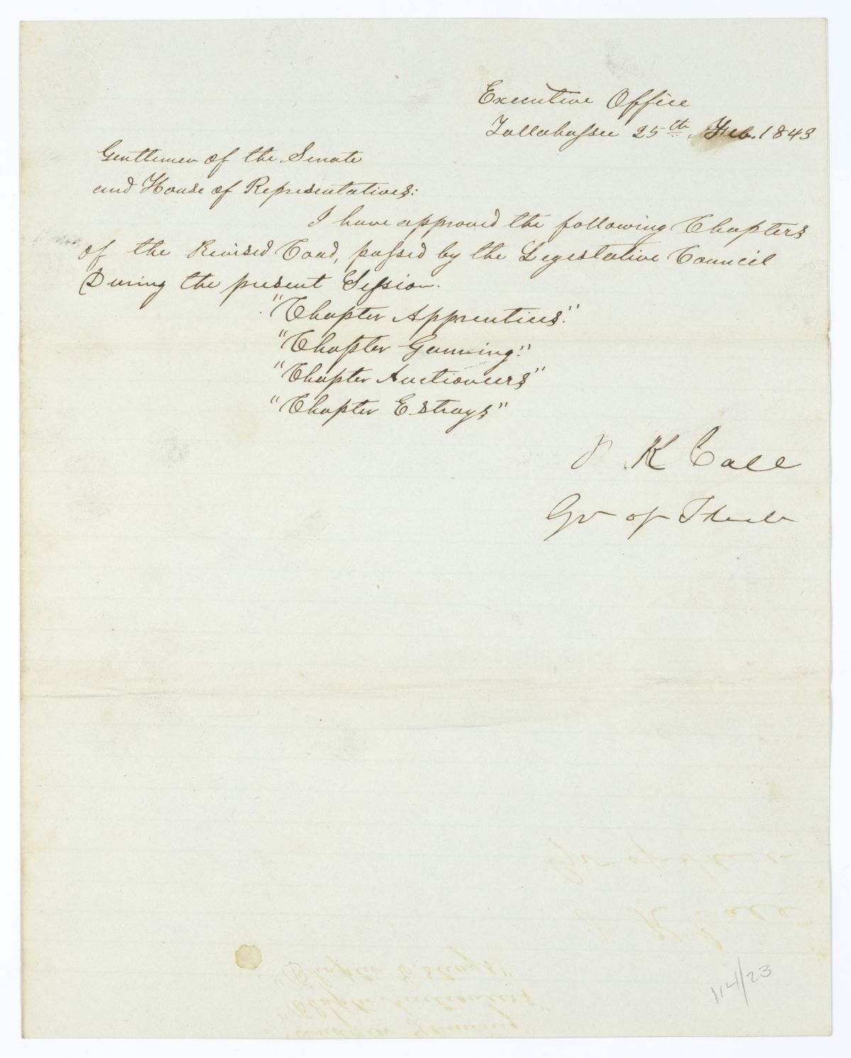 Letter from Governor Richard Keith Call to the Territorial Legislative Council Listing Recently Approved Legislation, February 25, 1843