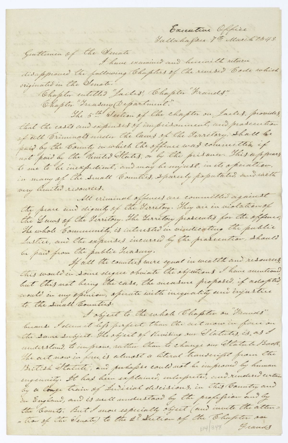 Letter from Governor Richard Keith Call to the Territorial Legislative Council Rejecting Legislation, March 7, 1843