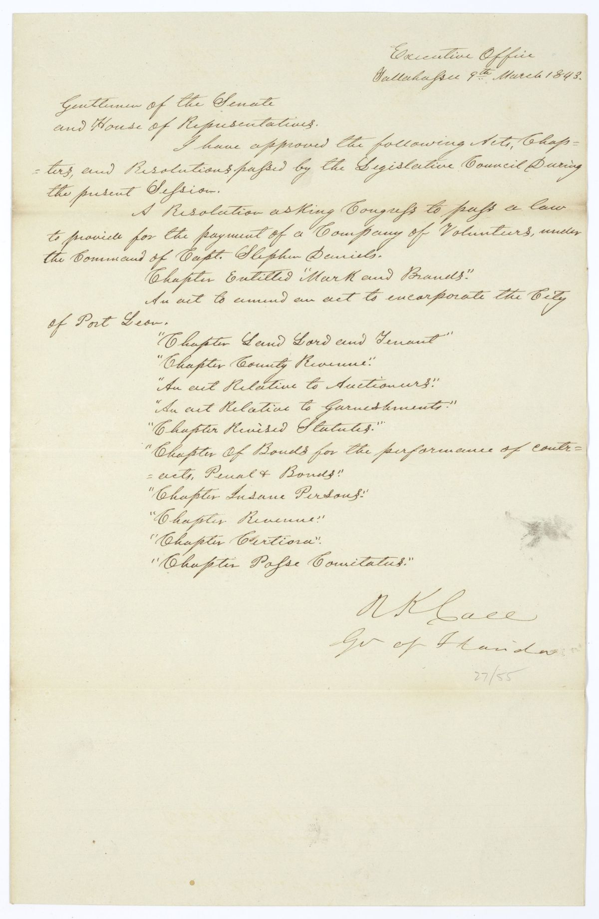 Letter from Governor Richard Keith Call to the Territorial Legislative Council Listing Recently Approved Legislation, March 9, 1843