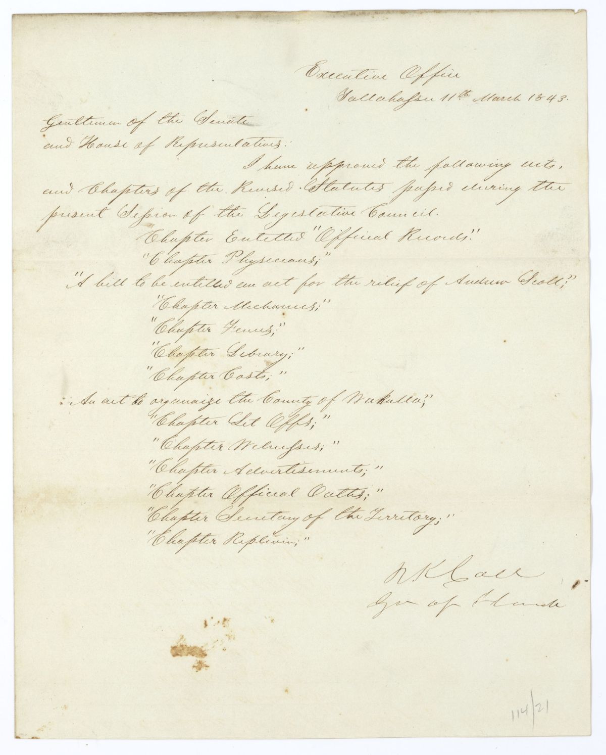 Letter from Governor Richard Keith Call to the Territorial Legislative Council Listing Recently Approved Legislation, March 11, 1843