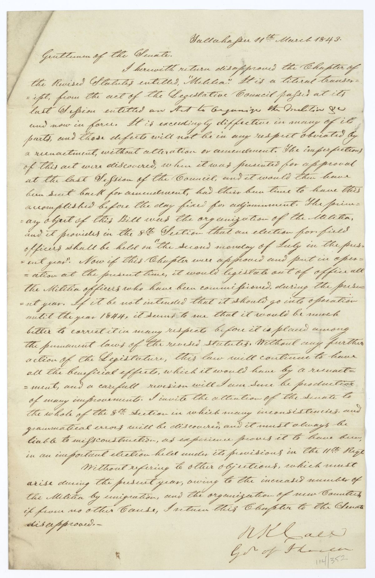 Letter from Governor Richard Keith Call to the Territorial Legislative Council Returning Unapproved a Chapter of the Recently Revised Territorial Statutes on the Militia, March 11, 1843