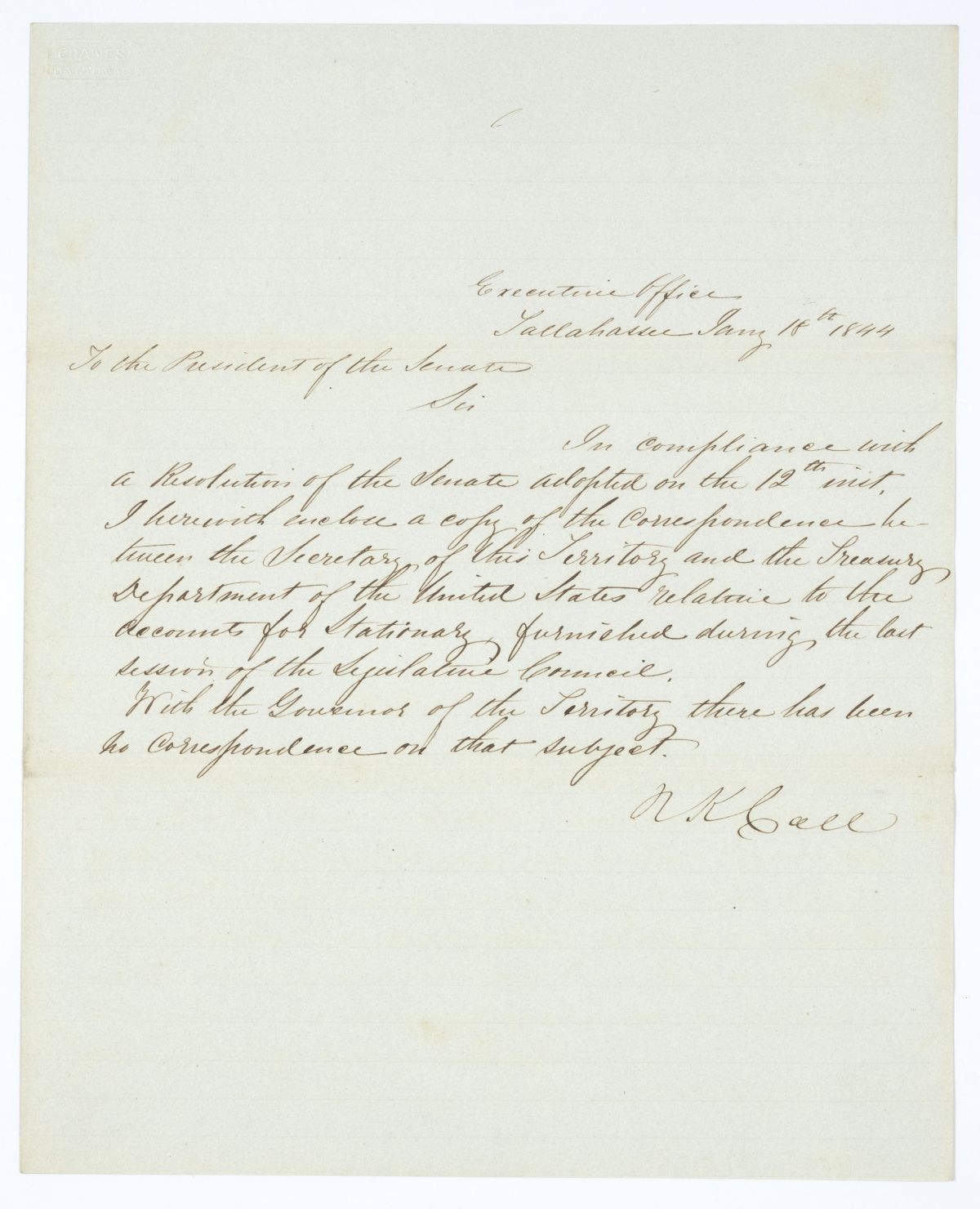 Letter from Governor Richard Keith Call to the President of the Senate Regarding Correspondence Relative to Accounts for Stationery, 1844