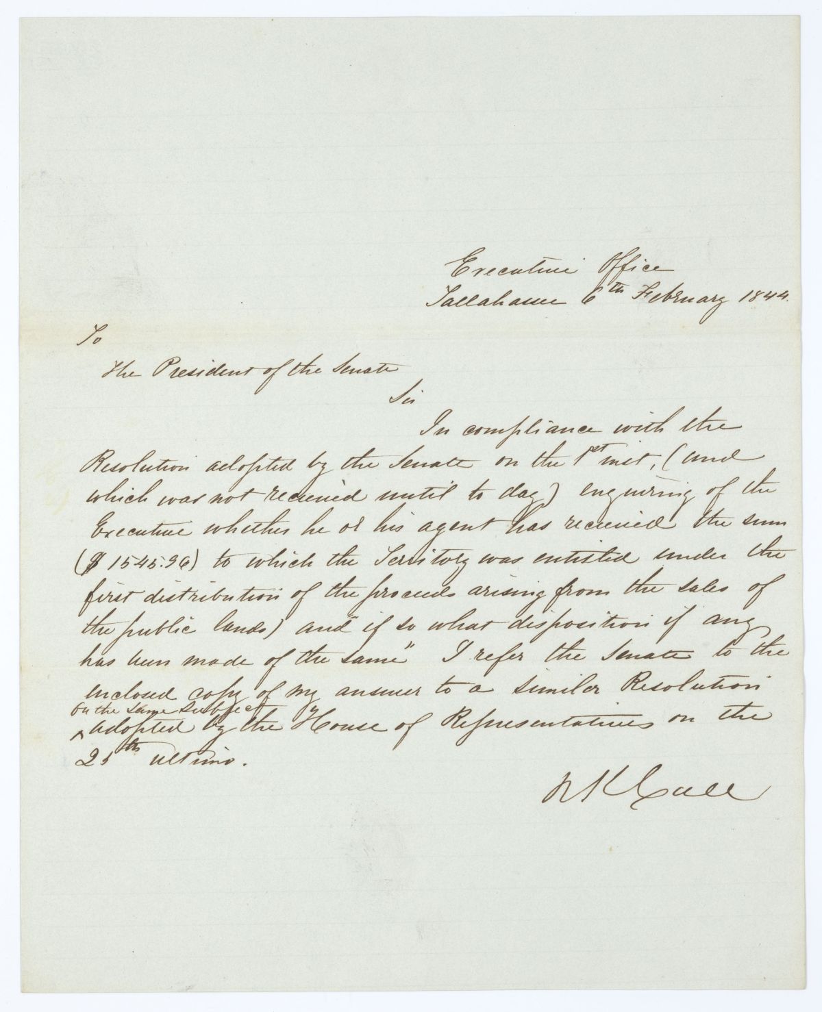 Letter from Governor Richard Keith Call to the President of the Senate Concerning the Proceeds from the Sale of Public Lands, 1844