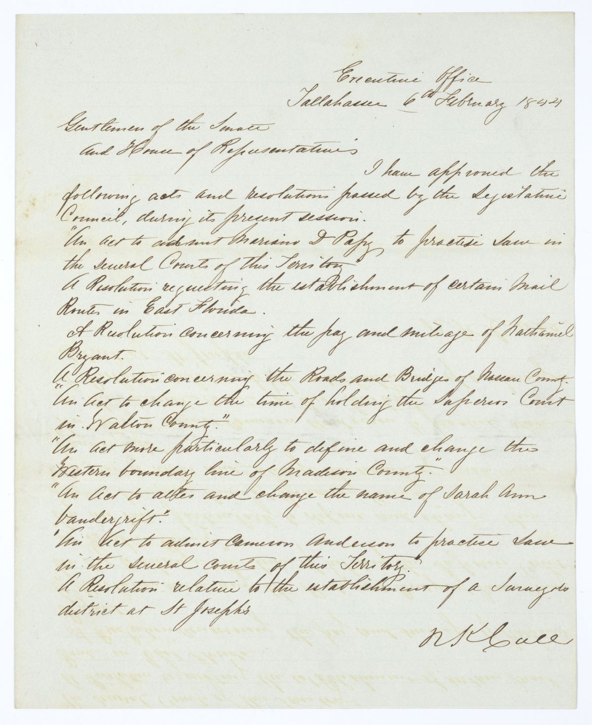 Letter from Governor Richard Keith Call to the Territorial Legislative Council Regarding Approved Legislation, 1844