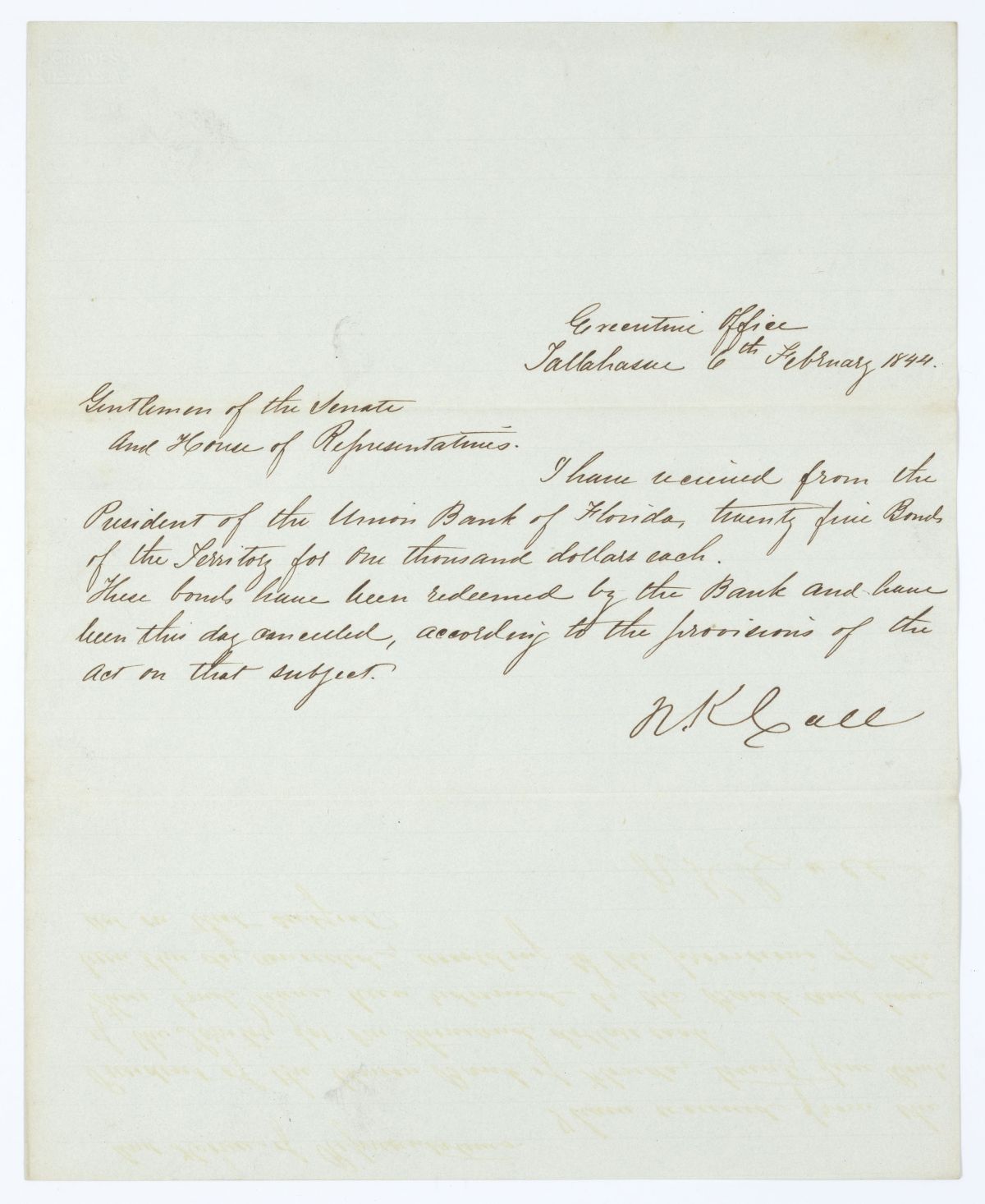 Letter from Governor Richard Keith Call to the Territorial Legislative Council Regarding Bonds from the Union Bank of Florida, 1844