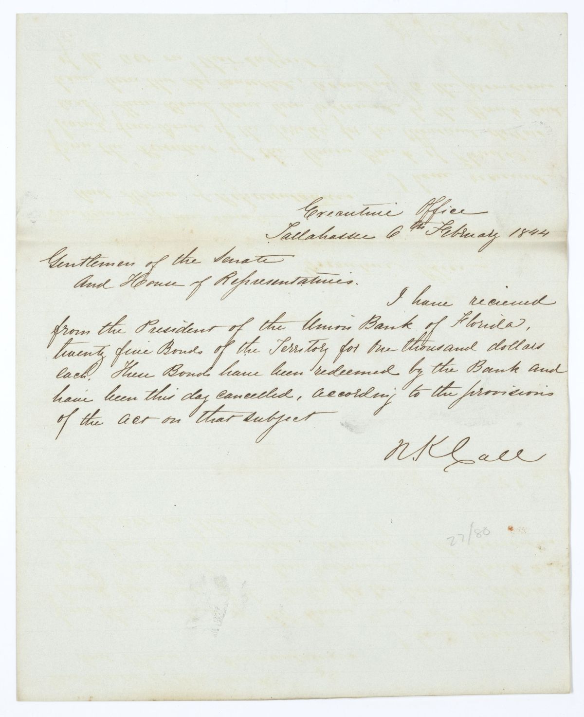 Letter from Governor Richard Keith Call to the Territorial Legislative Council Regarding Bonds from the Union Bank of Florida, 1844