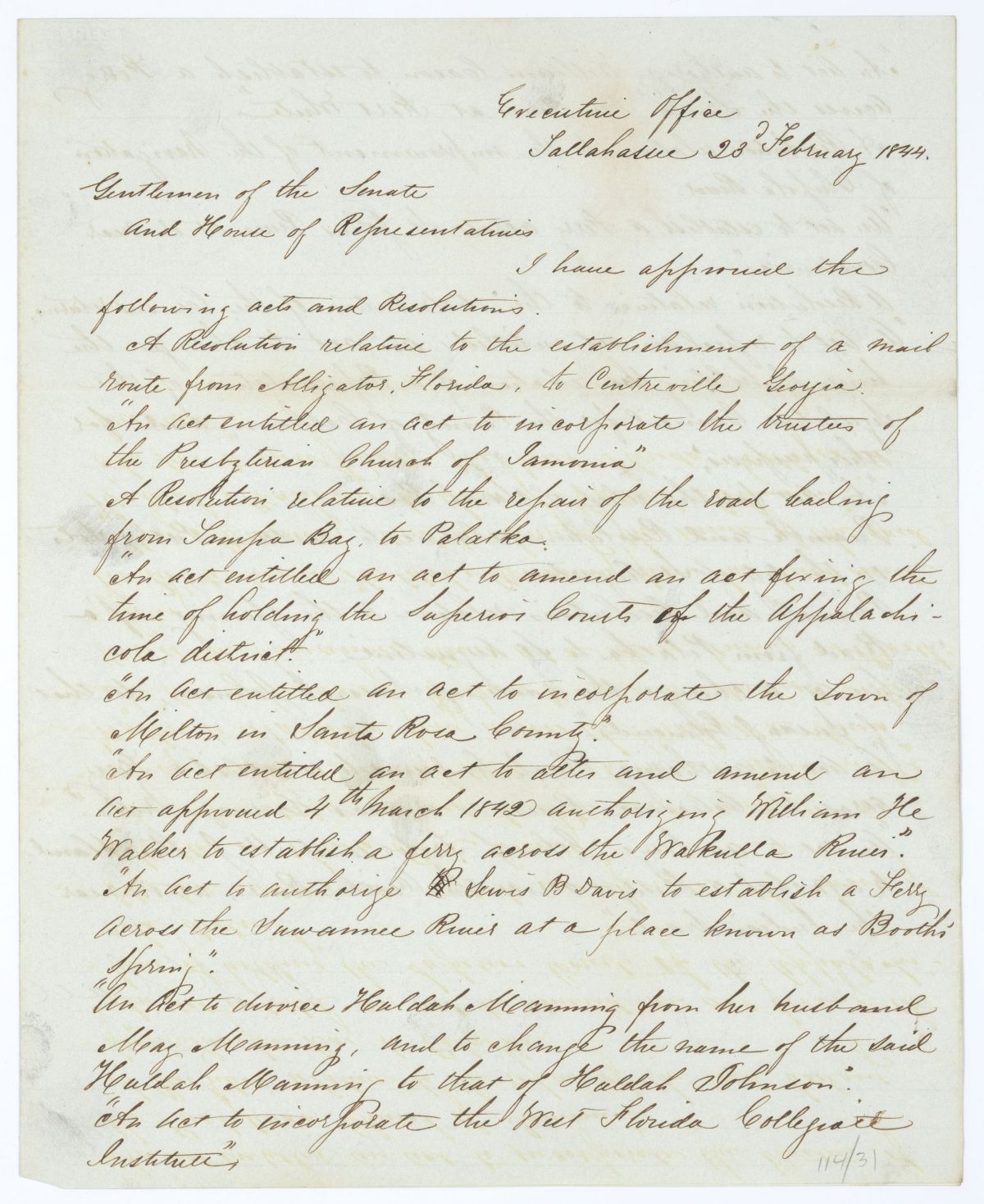 Letter from Governor Richard Keith Call to the Territorial Legislative Council Regarding Approved Legislation, 1844