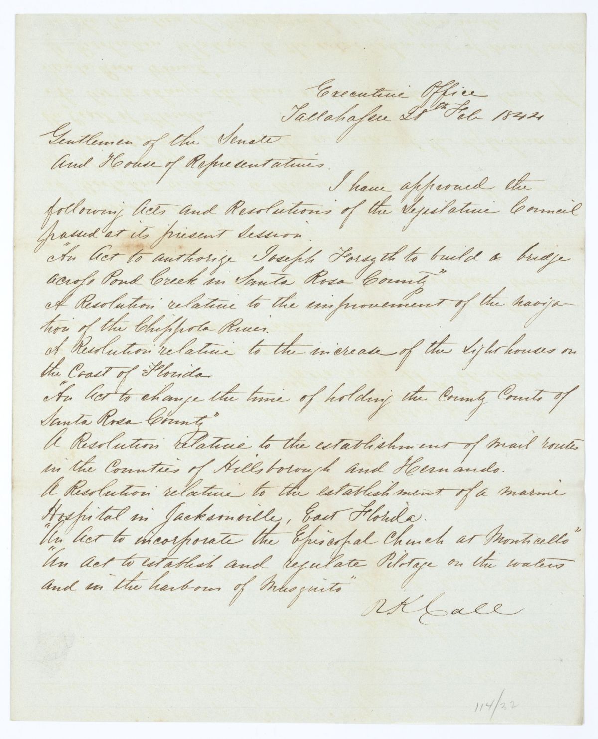 Letter from Governor Richard Keith Call to the Territorial Legislative Council Regarding Approved Legislation, 1844