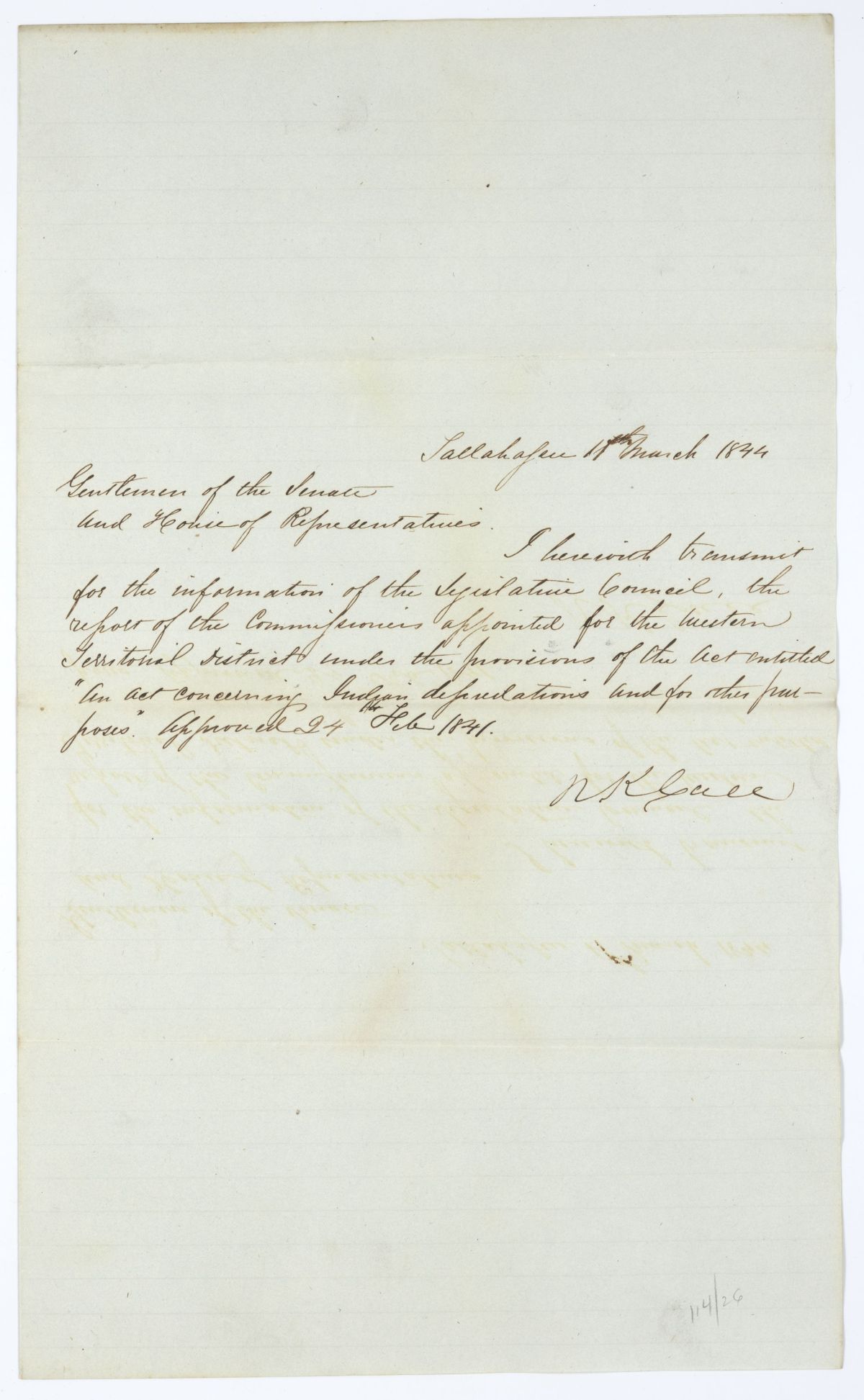 Letter from Governor Richard Keith Call to the Territorial Legislative Council Concerning the Report of a Commission on Indian Depredations, 1844