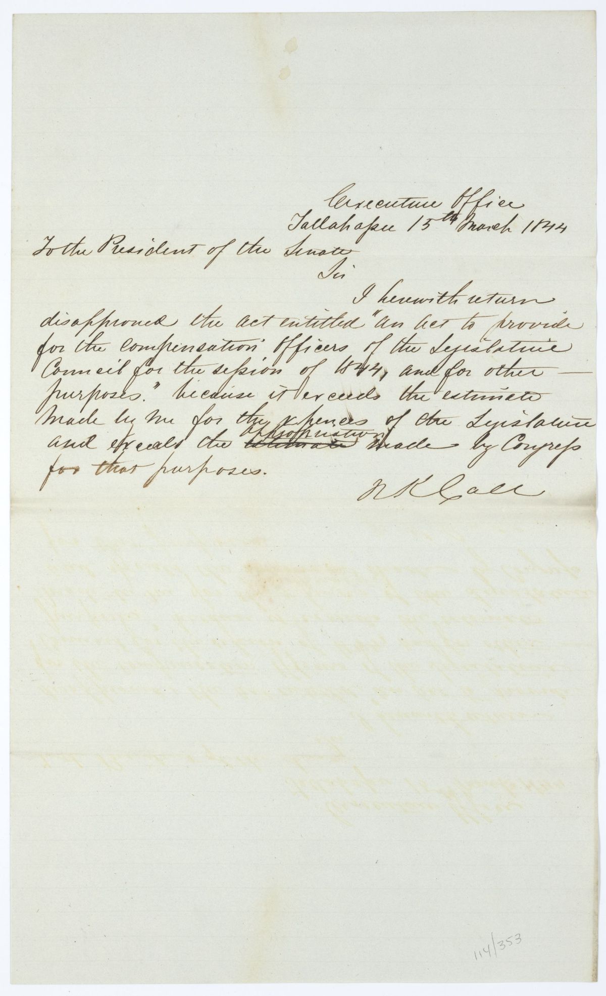 Letter from Governor Richard Keith Call to the President of the Senate Regarding a Veto, 1844