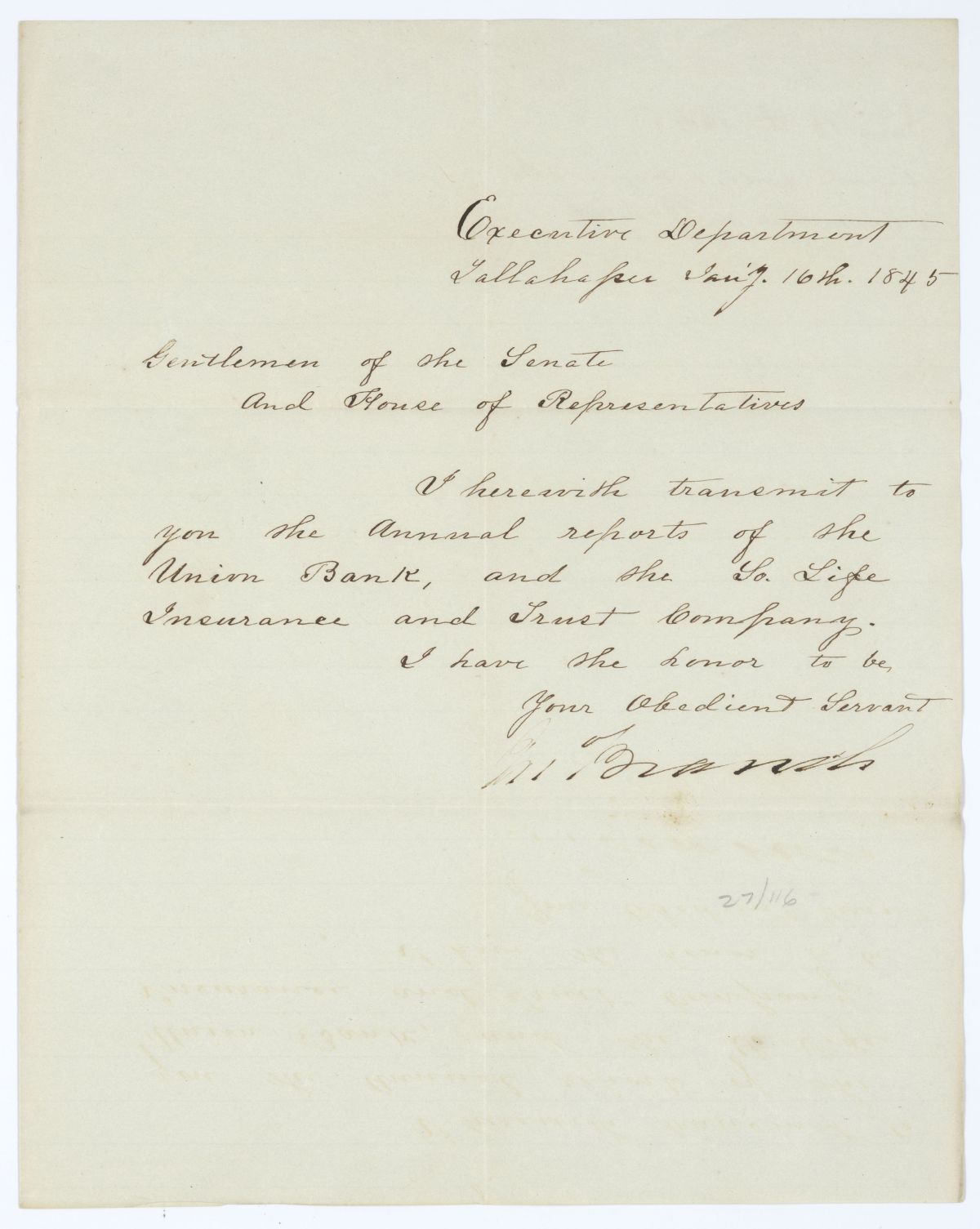 Letter from Governor John Branch to the Territorial Legislative Council Regarding the Annual Reports Two Banks, 1845