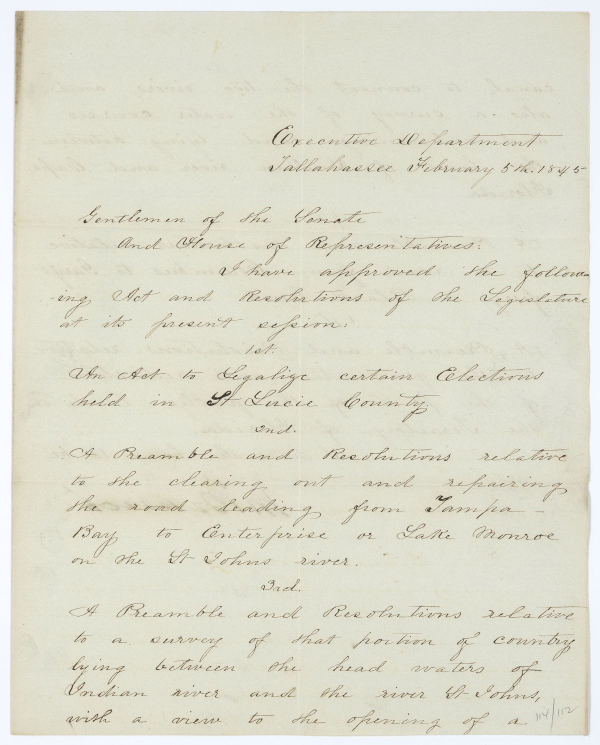 Letter from Governor John Branch to the Territorial Legislative Council Regarding Approved Legislation, 1845