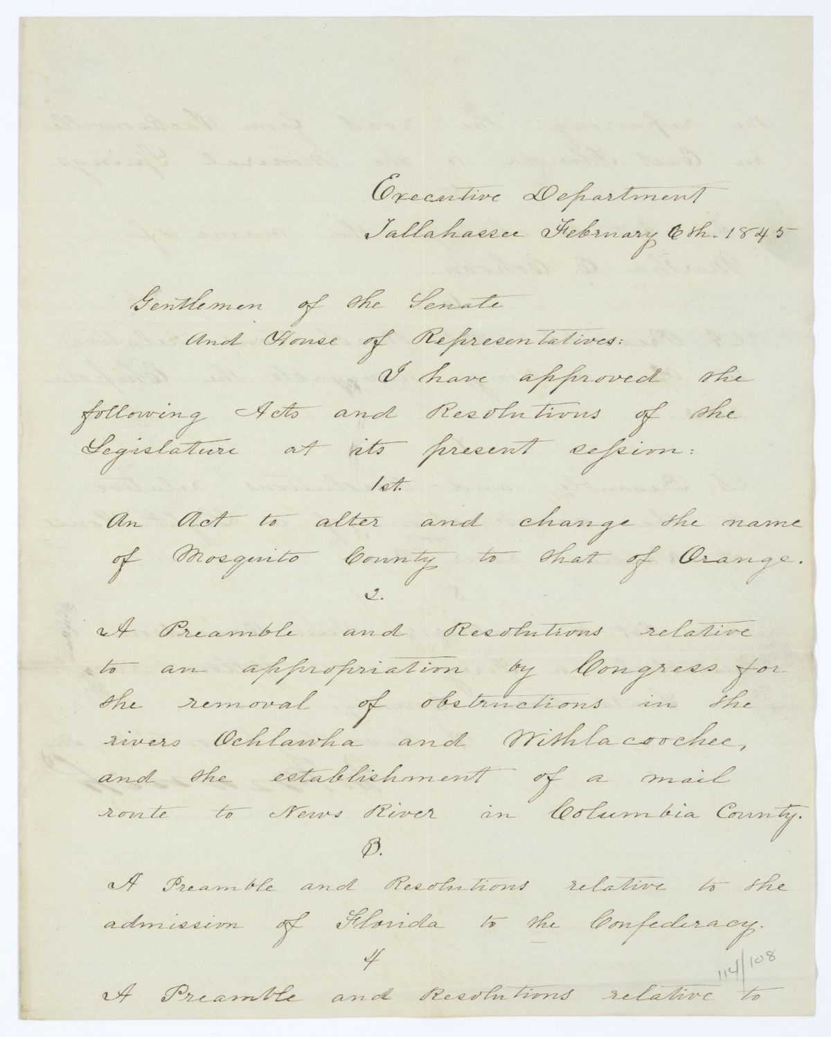 Letter from Governor John Branch to the Territorial Legislative Council Regarding Approved Legislation, 1845