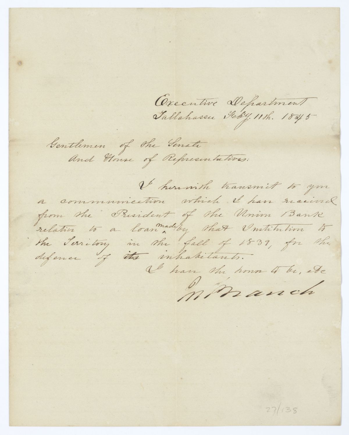 Letter from Governor John Branch to the Territorial Legislative Council Regarding a Letter from the President of the Union Bank, 1845