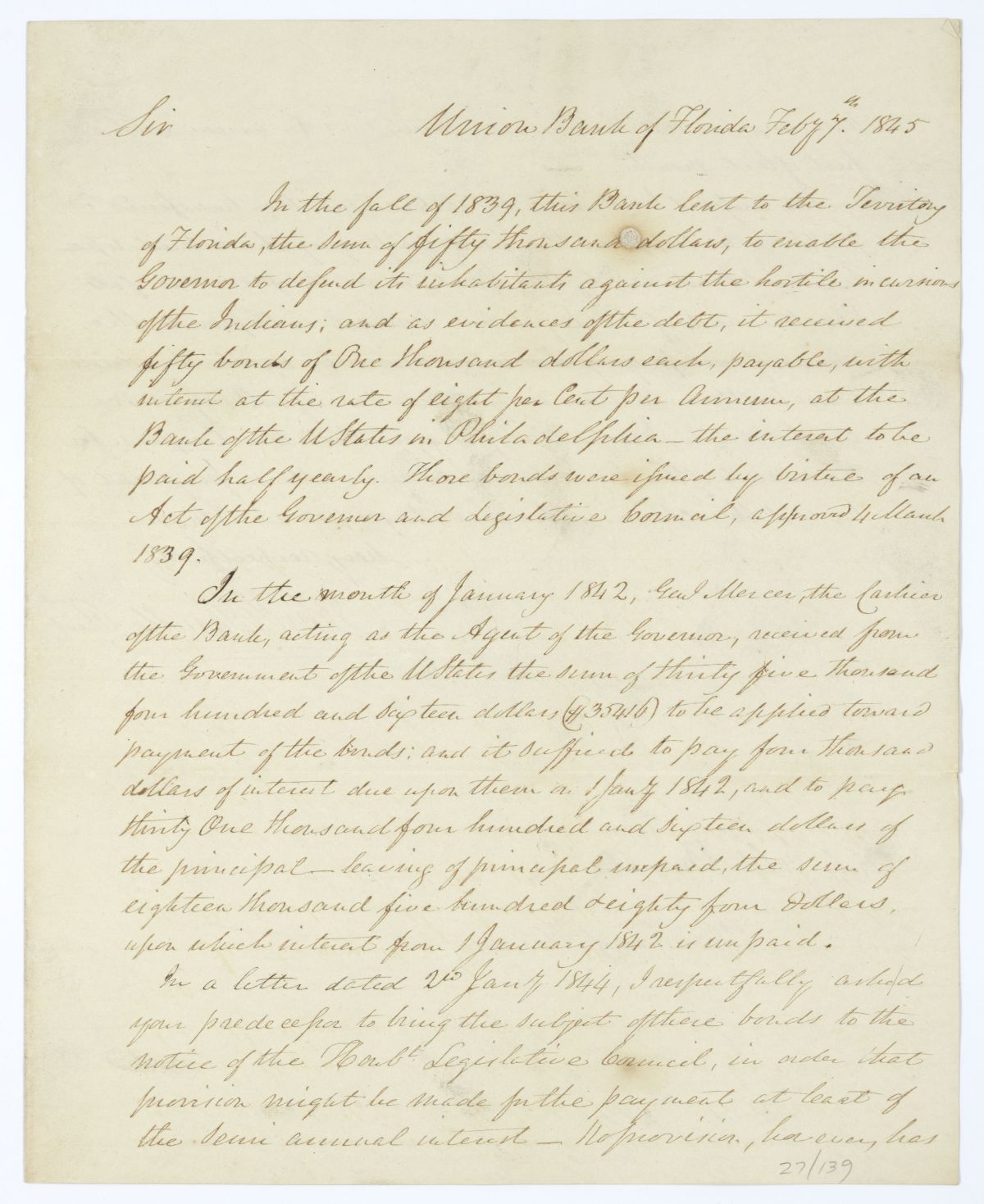 Letter from the Union Bank of Florida to Governor John Branch Regarding a Loan to the Territory, 1845