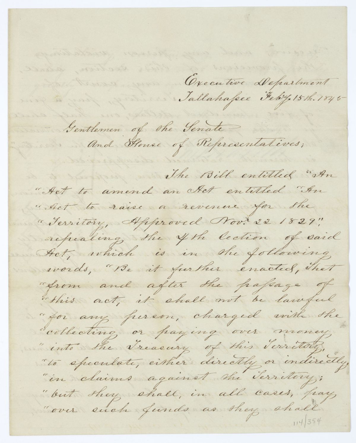 Letter from Governor John Branch to the Territorial Legislative Council Regarding the Veto of a Revenue Bill, 1845