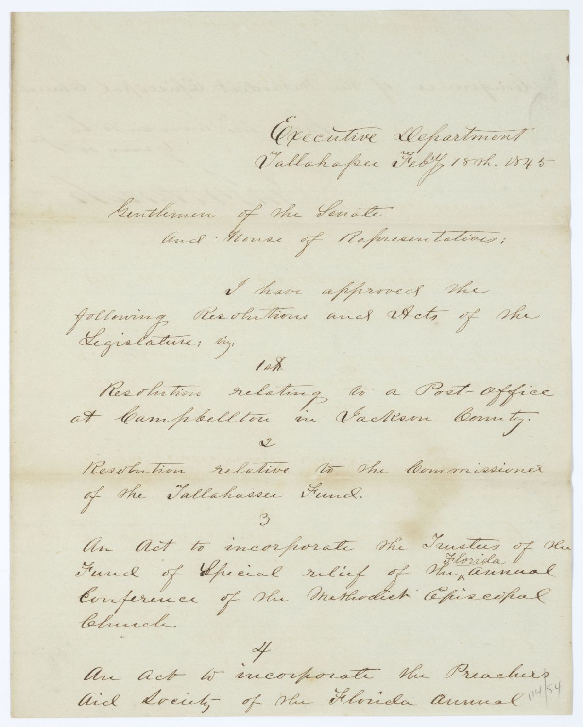 Letter from Governor John Branch to the Territorial Legislative Council Regarding Approved Legislation, 1845