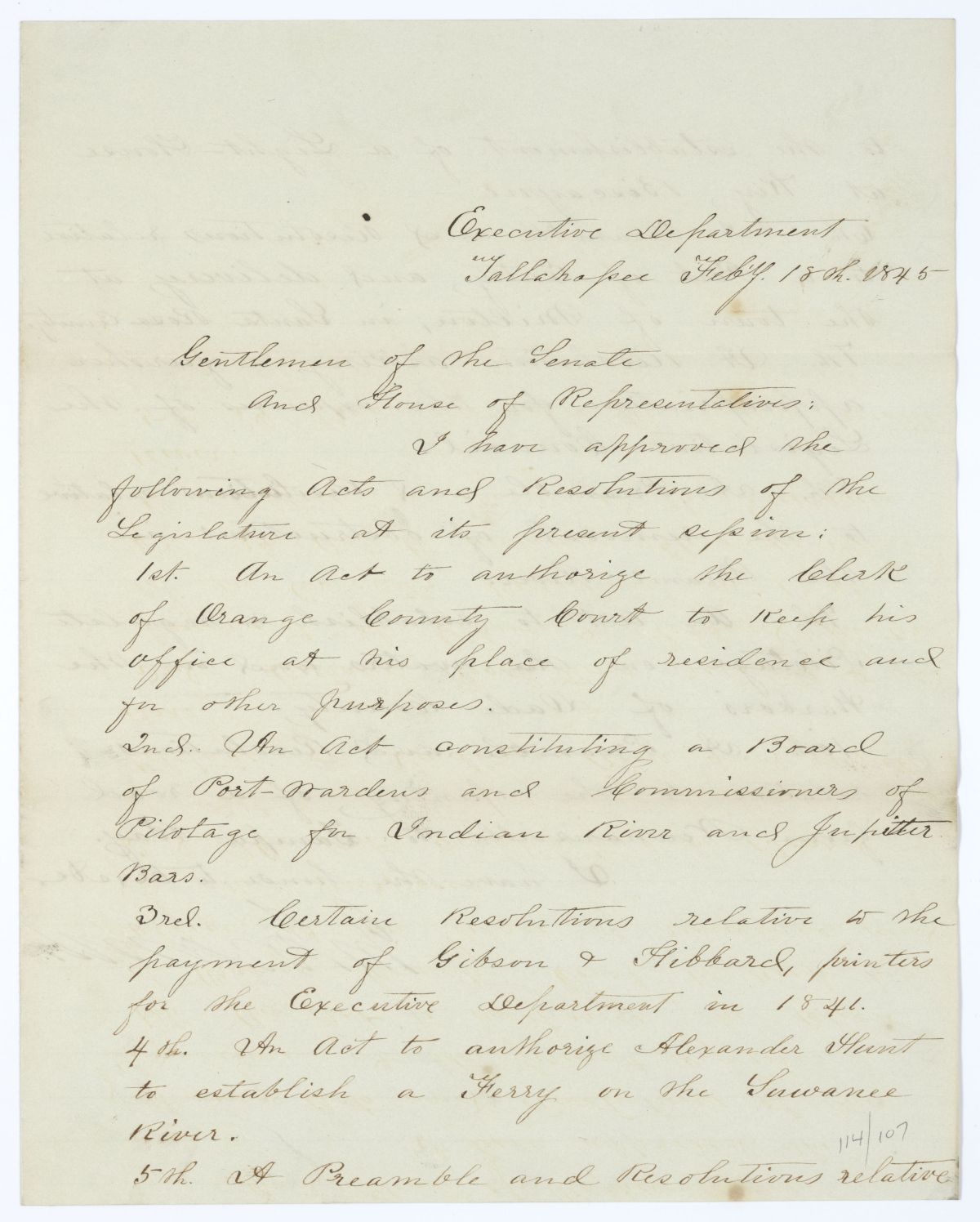 Letter from Governor John Branch to the Territorial Legislative Council Regarding Approved Legislation, 1845