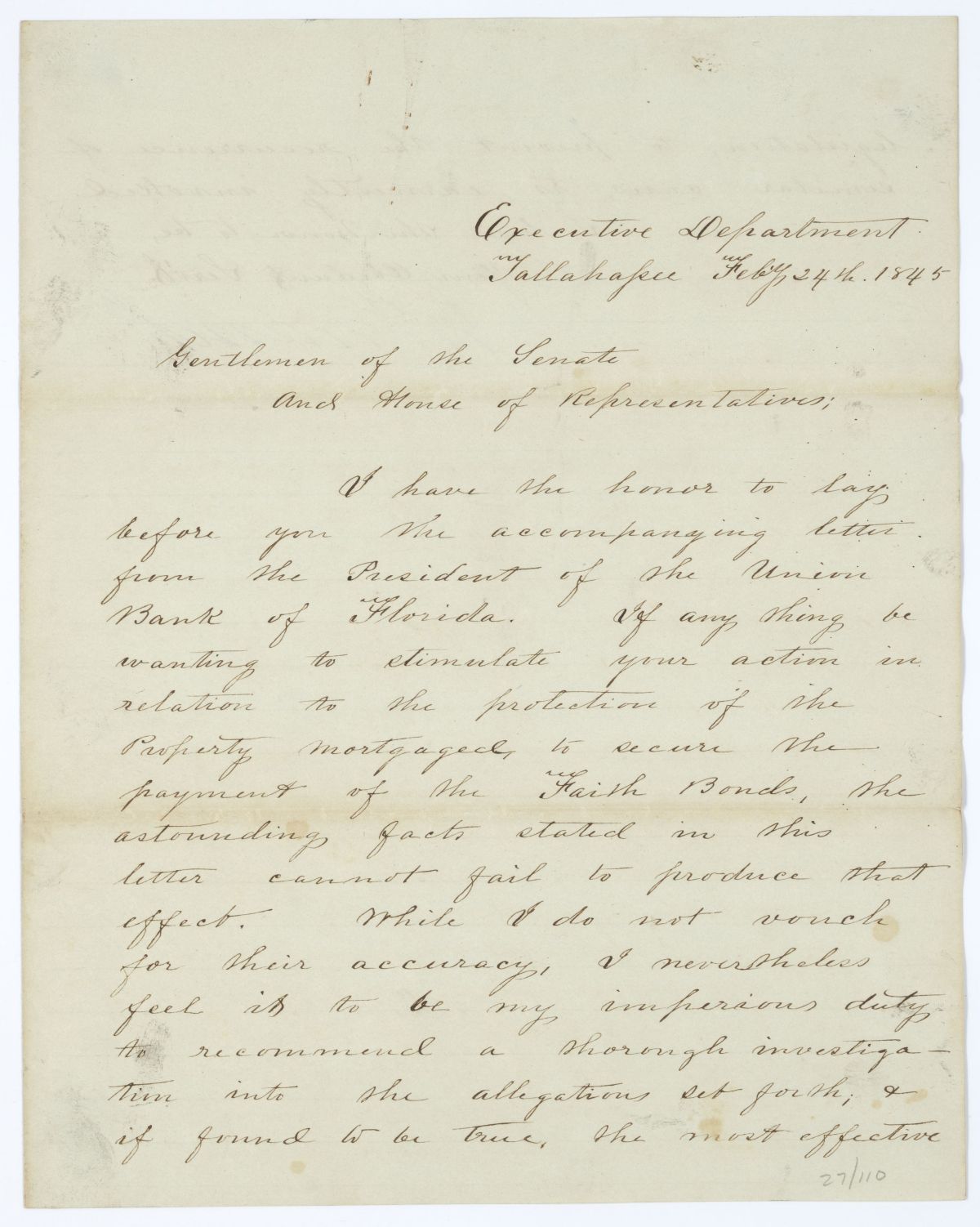 Letter from Governor John Branch to the Territorial Legislative Council Regarding a Letter from the President of the Union Bank of Florida, 1845