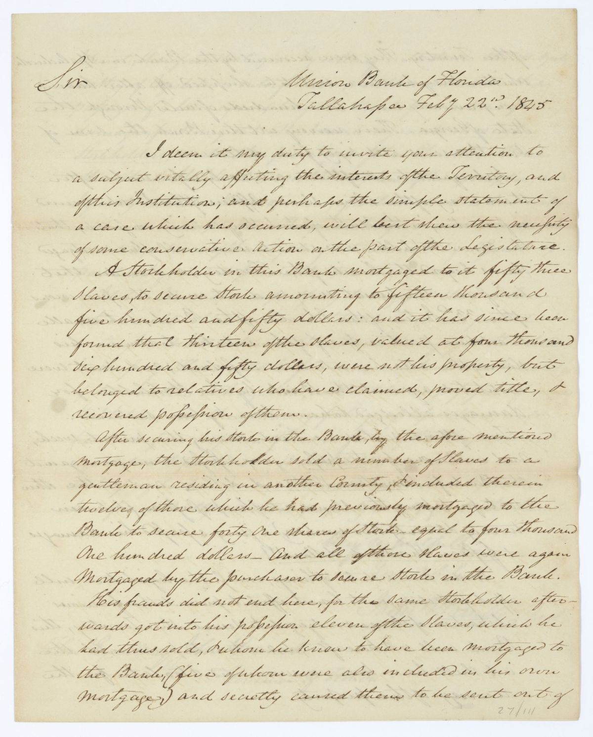 Letter from the President of the Union Bank of Florida to Governor John Branch Regarding a Case of Fraud, 1845