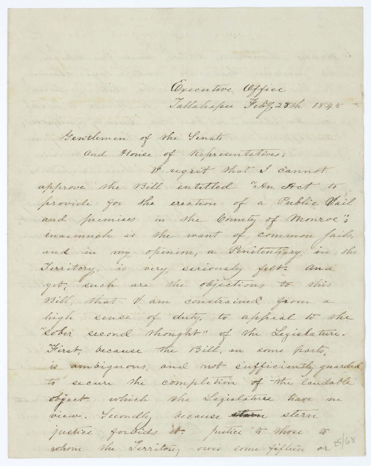 Letter from Governor John Branch to the Territorial Legislative Council Regarding the Veto of a Bill to Construct a Jail in Monroe County, 1845