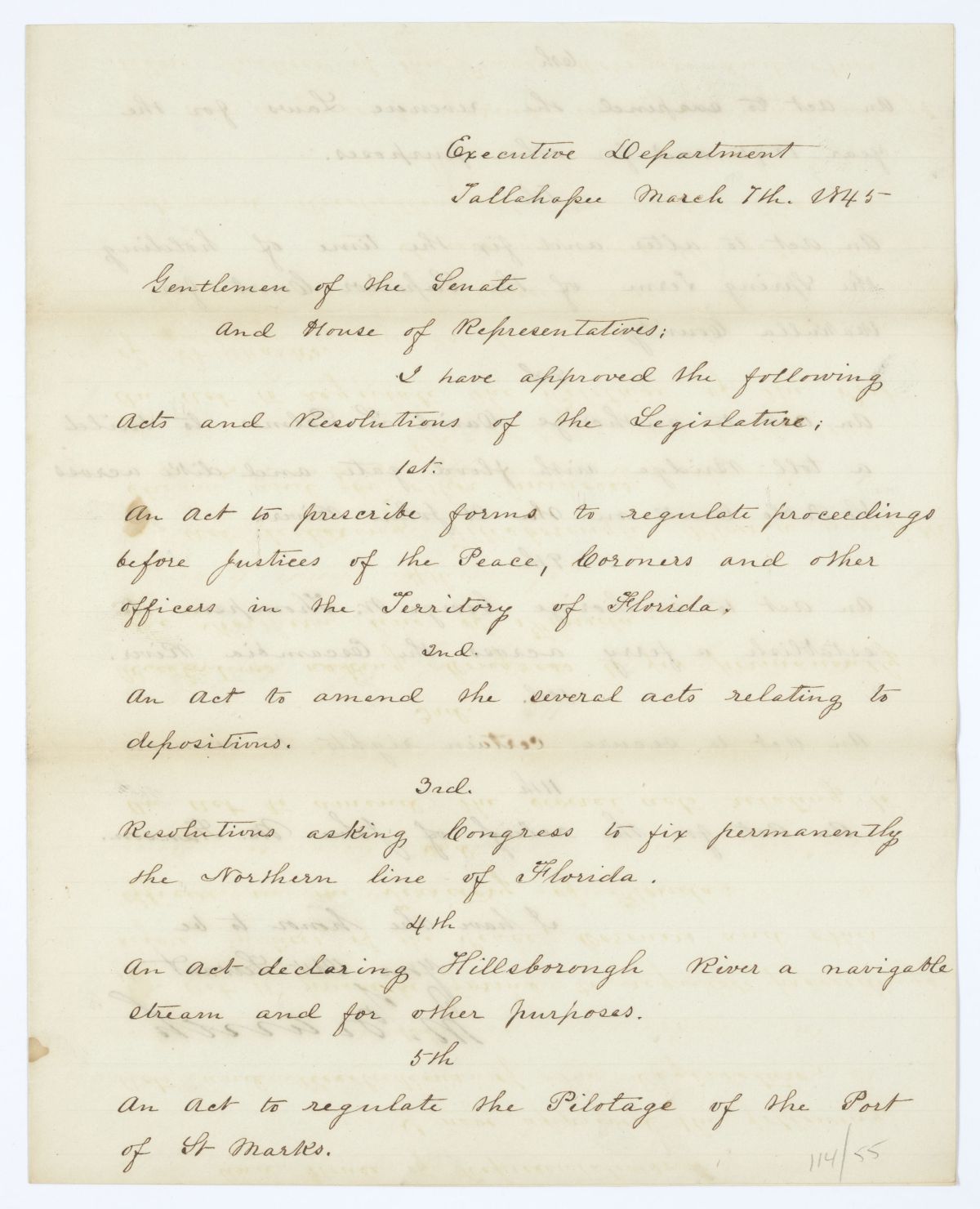 Letter from Governor John Branch to the Territorial Legislative Council Regarding Approved Legislation, 1845