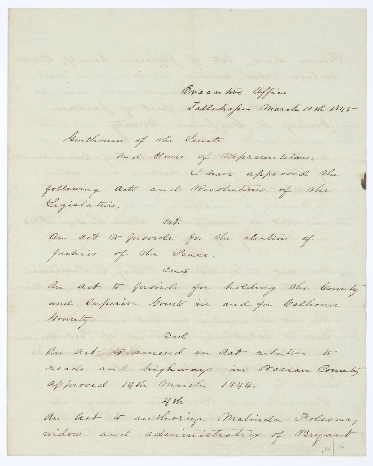 Letter from Governor John Branch to the Territorial Legislative Council Regarding Approved Legislation, 1845