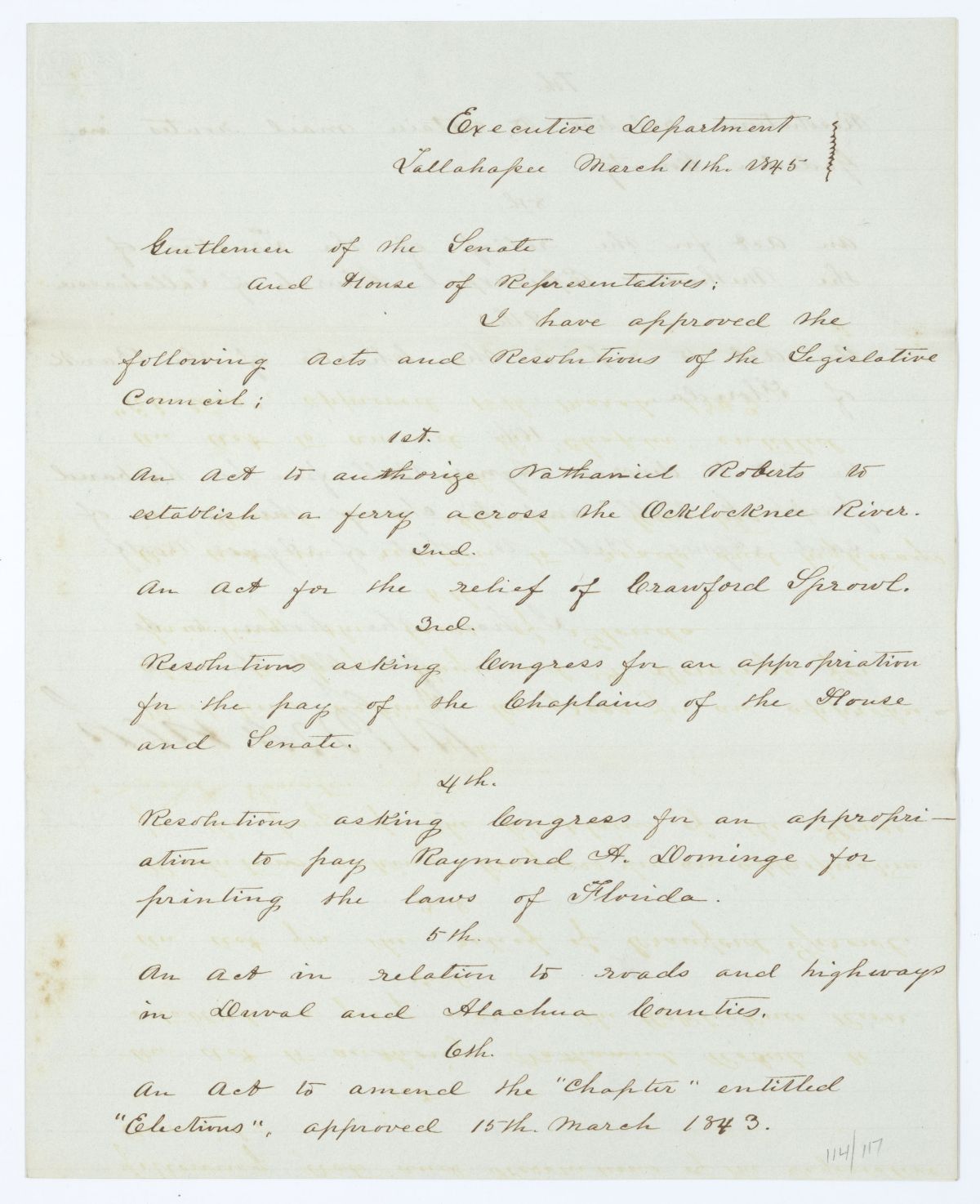 Letter from Governor John Branch to the Territorial Legislative Council Regarding Approved Legislation, 1845