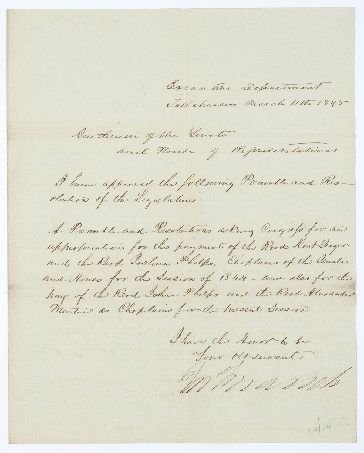 Letter from Governor John Branch to the Territorial Legislative Council Regarding a Resolution Relative to the Compensation of Chaplains, 1845