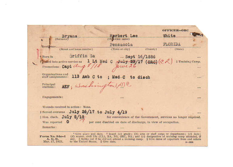 The World War I service card of Dr. Herbert Lee Bryans, the physician who first sounded the alarm in the Pensacola outbreak of plague in 1920.