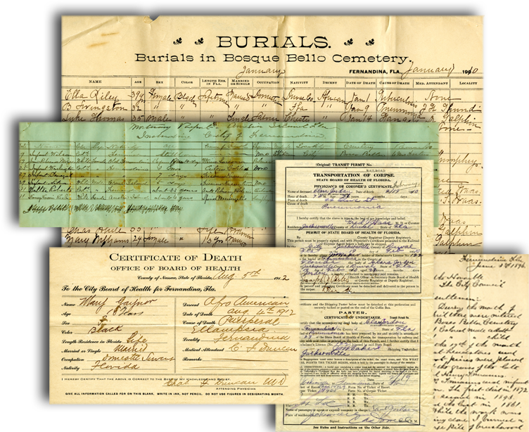 Examples of Various Documents contained in the collection including burial registers, death certificates, transport of corpse permits, and correspondence.