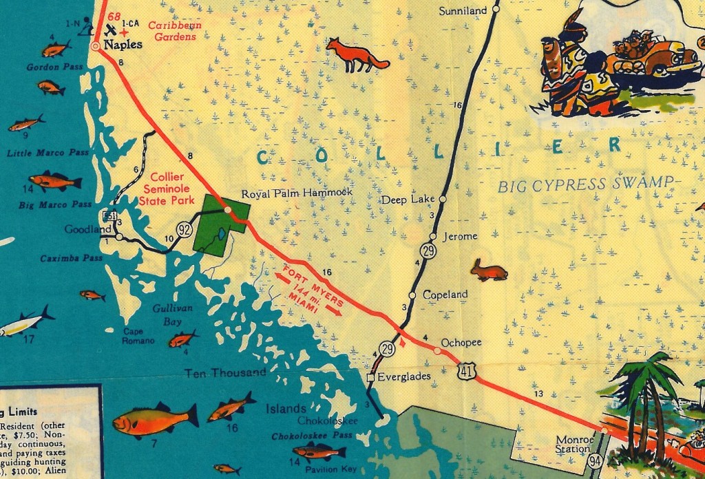 Map of Southwest Florida showing Ochopee and the nearby Gulf Coast. Naples is located northwest of Ochopee along U.S. 41 (1953 map - Florida Map Collection, State Library of Florida).