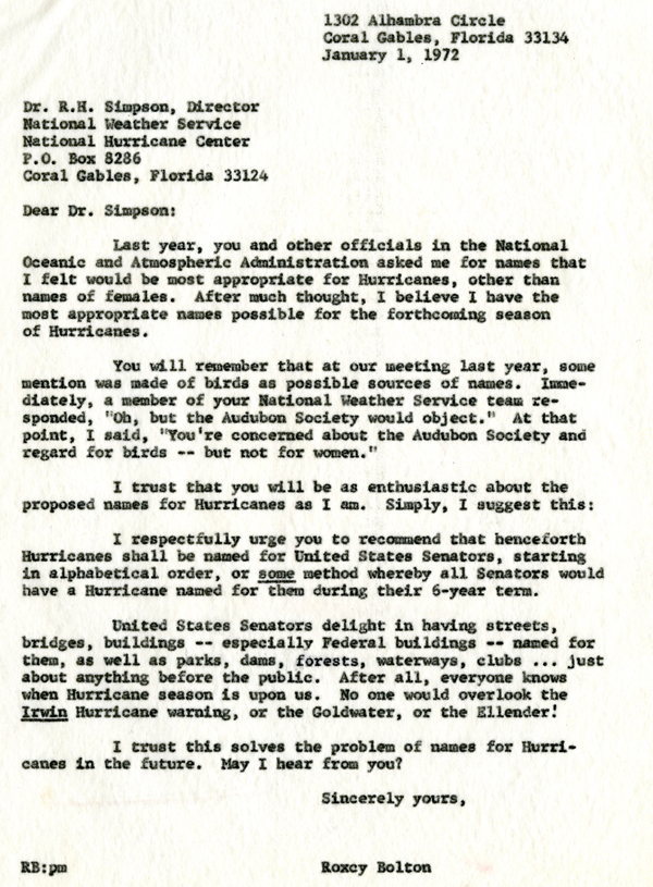 Letter from Roxcy Bolton to Director of the National Hurricane Center Robert H. Simpson, suggesting alternatives for identifying tropical cyclones. January 2, 1972.