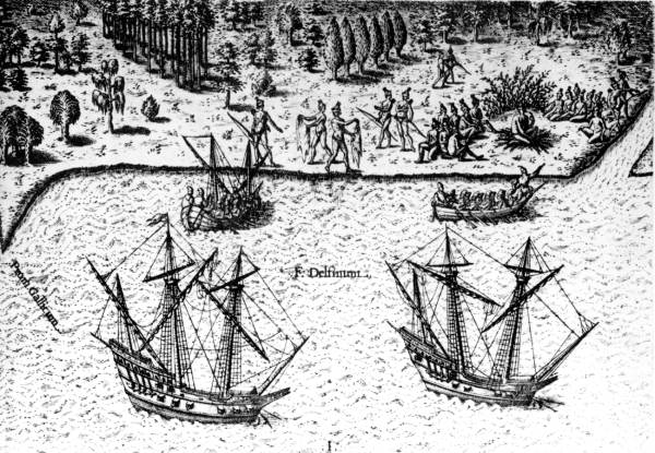 The French arrive in Florida, from Theodor de Bry, Grand Voyages (1591) 