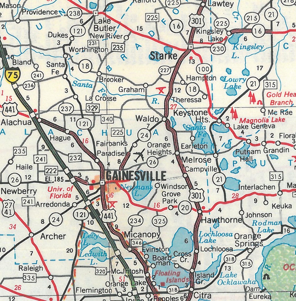 Portion of an official Florida highway map showing the area around Waldo and Melrose (1974).