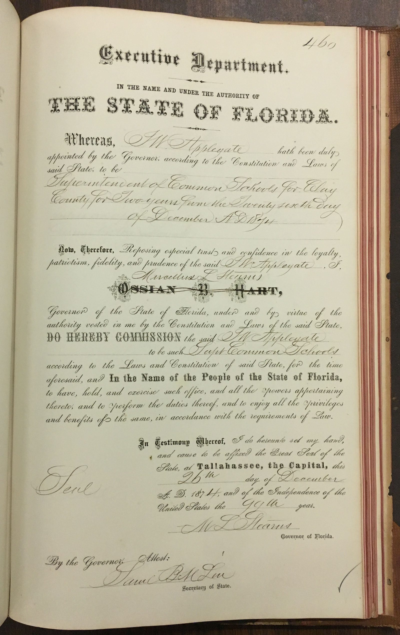J.W. Applegate's commission as Superintendent of Public Schools for Clay County, in Volume 4 of the Secretary of State's Record of Cmmissions (Series S1285), State Archives of Florida.
