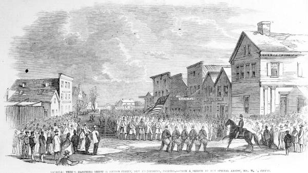 Illustration of Federal troops marching down Second Street, Fernandina, 1862 