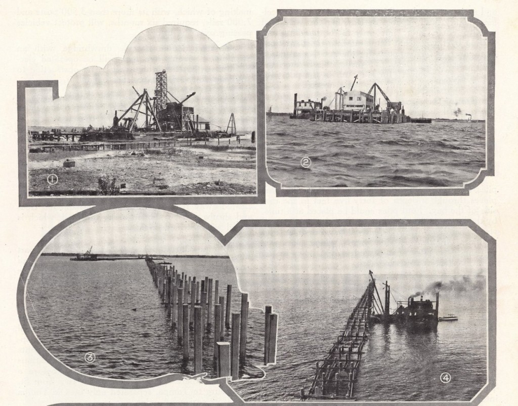 Construction of the Gandy Bridge, 1922-1924. Top Left: A large floating concrete pouring plant built especially for this project works along a section of the bridge. Top Right: Terminus of an 1100-foot dock built out into the bay to handle bridge materials. Bottom Left: Concrete piles driven into the floor of the bay to support the bridge decking. Bottom Right: Concrete piles are aligned and braced with wood timbers. Photos were published in the official program for the Gandy Bridge dedication, November 20, 1924.