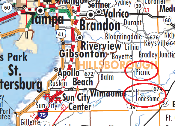 Excerpt of the Florida Department of Transportation's Official Highway Map showing the location of Picnic and Fort Lonesome in eastern Hillsborough County (2014).