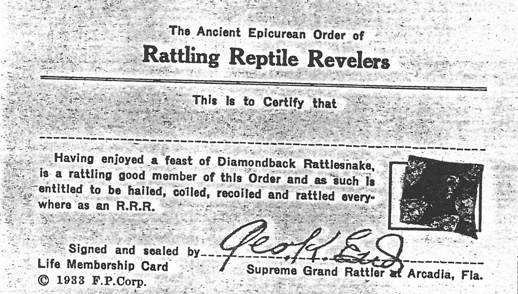 A membership card for George K. End's "Rattling Reptile Revelers," obtainable with the purchase of a can of End's rattlesnake with supreme sauce. This card was found in the collection of longtime Florida folklorist Stetson Kennedy at the State Archives of Florida (circa 1933).