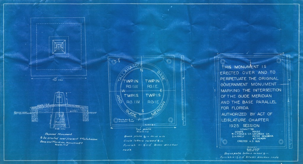 Blueprints for new monument to mark the original point of beginning for Florida's township grid - the meeting place of the original prime meridian and base line (1925).