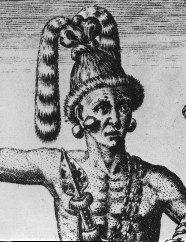 Detail of the Chief, from Theodor de Bry, Grand Voyages (1591)