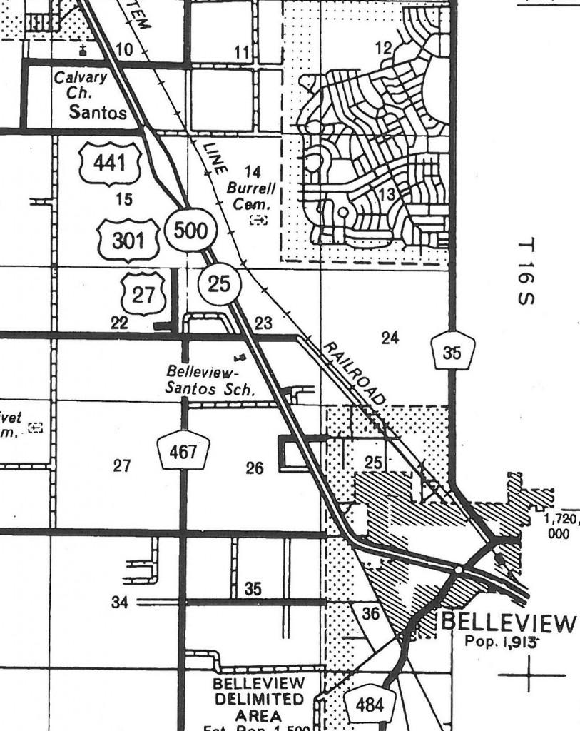 Excerpt of a Florida Department of Transportation map showing U.S. 27/301/441 between Ocala and Belleview. The "Stonehenge" structures are located in the median of this highway where the northbound and southbound lanes bend outward (1977).