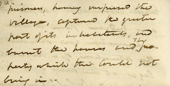 L[ieutenant] Col[onel] [David] Caulfield returned about 9 AM with forty one negro prisoners, having surprised the village, captured the greater part of its inhabitants, and burnt the houses and the property which they could not bring in.