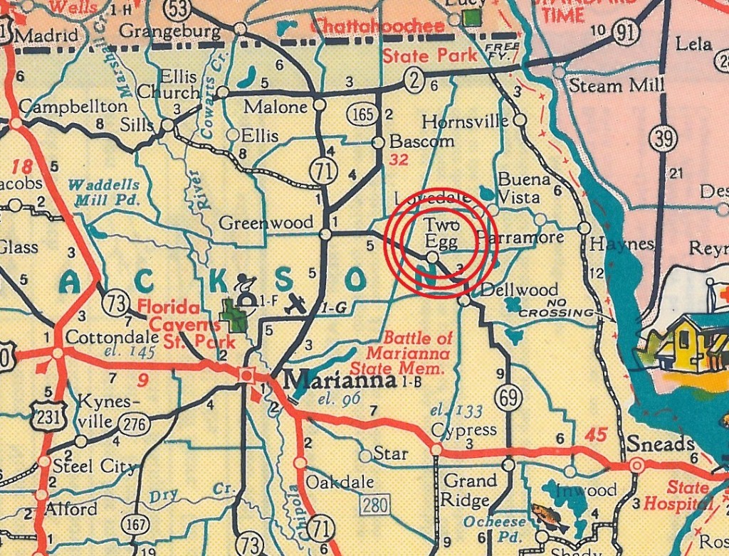 1950's era map showing the location of Two Egg northeast of Marianna. Note: This map precedes the construction of Interstate 10.