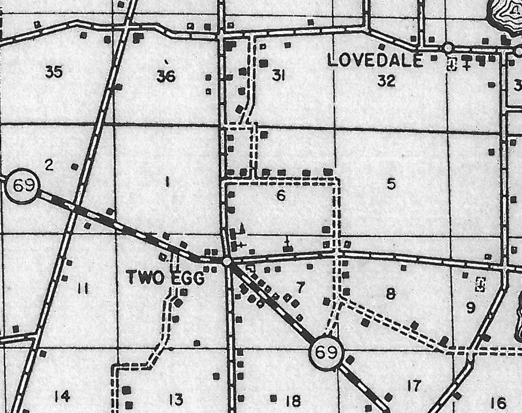 Department of Transportation highway map showing the Two Egg area with the location of dwellings, churches, and a school (revised 1946).