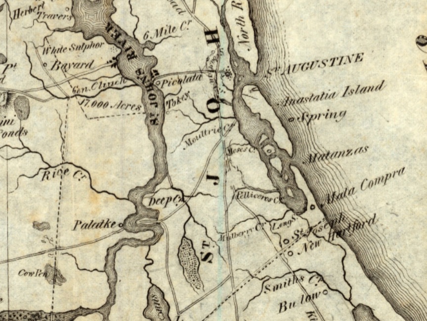 Excerpt of John Lee Williams' 1837 map of Florida showing the St. Augustine, including the location of Mala Compra and St. Joseph, two of Joseph Hernandez's plantations. Click or tap the image to view a zoomable version of the entire map.