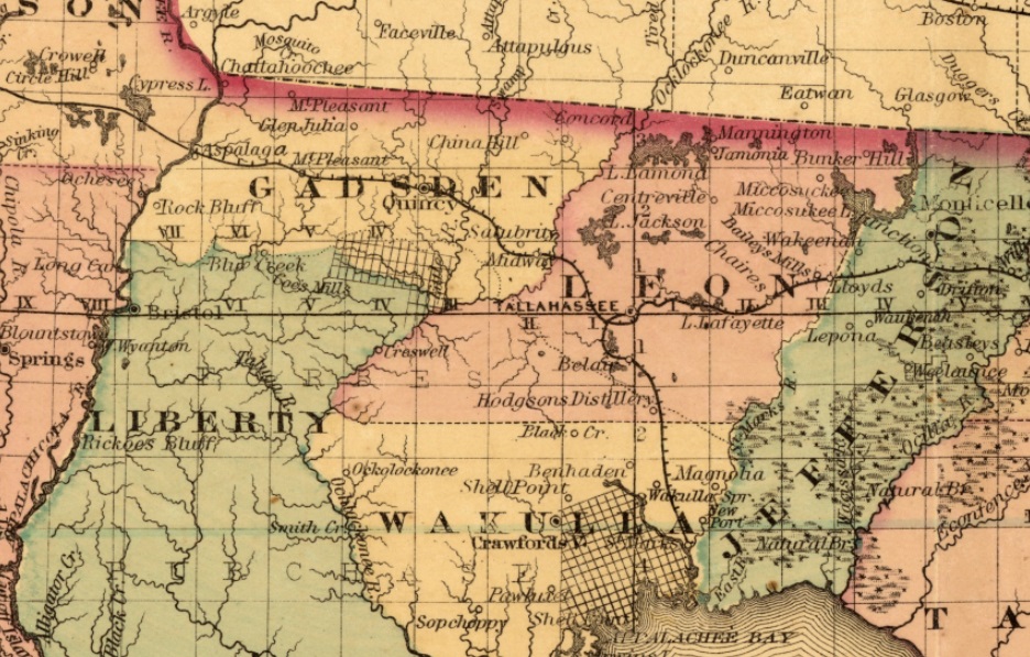 Excerpt of an 1876 map of Florida showing the location of Mt. Pleasant (where Malachi Martin had his winery) relative to Tallahassee and his workplace in Chattahoochee. Click or tap the image to view a zoomable version of the entire map.